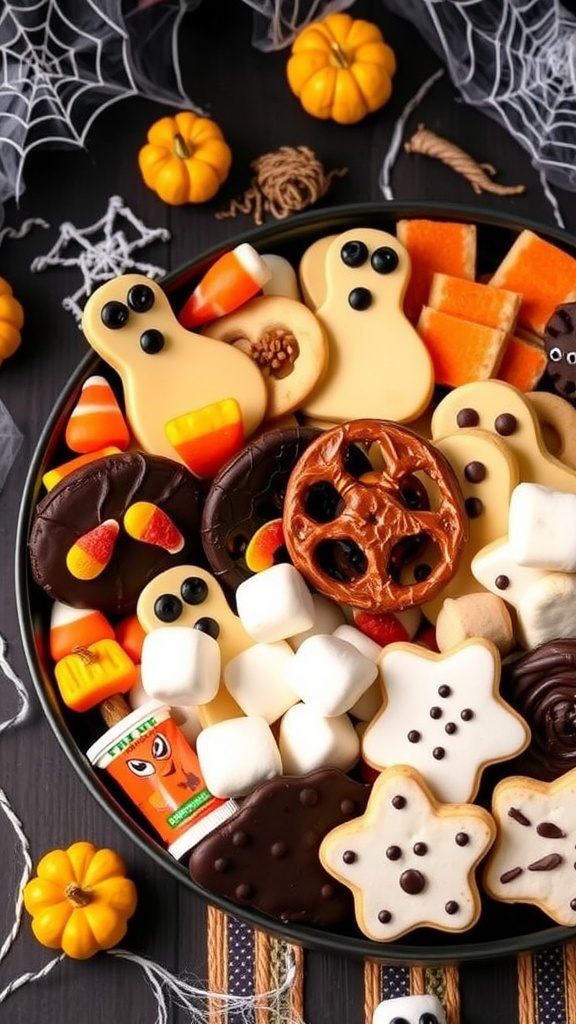 Halloween snack platter with ghost cheese, chocolate pretzels, gummy worm marshmallows, and Halloween cookies.